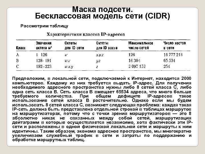 Маска подсети. Бесклассовая модель сети (CIDR) Рассмотрим таблицу Предположим, в локальной сети, подключаемой к