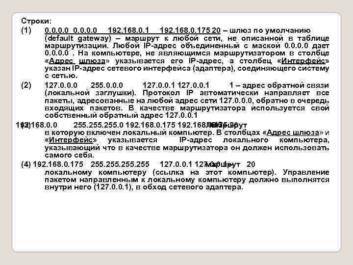 Строки: (1) 0. 0 192. 168. 0. 175 20 – шлюз по умолчанию (default