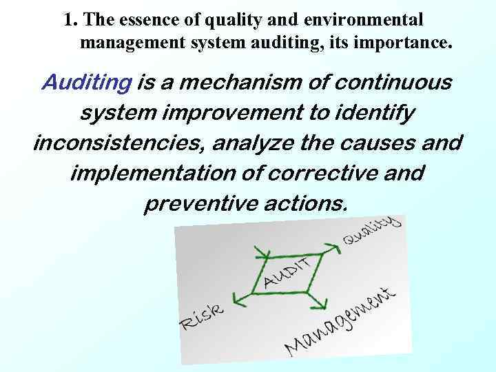 1. The essence of quality and environmental management system auditing, its importance. Auditing is