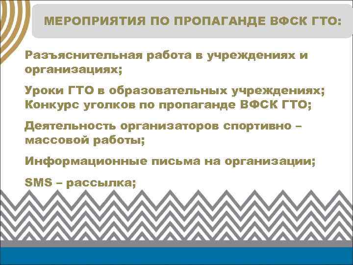 МЕРОПРИЯТИЯ ПО ПРОПАГАНДЕ ВФСК ГТО: Разъяснительная работа в учреждениях и организациях; Уроки ГТО в