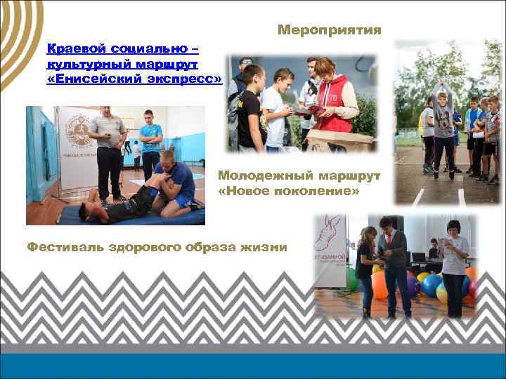 Мероприятия Краевой социально – культурный маршрут «Енисейский экспресс» Молодежный маршрут «Новое поколение» Фестиваль здорового