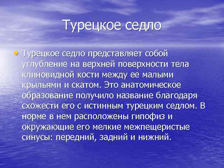 Турецкое седло • Турецкое седло представляет собой углубление на верхней поверхности тела клиновидной кости