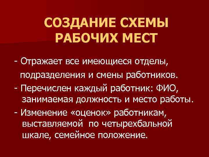 СОЗДАНИЕ СХЕМЫ РАБОЧИХ МЕСТ - Отражает все имеющиеся отделы, подразделения и смены работников. -