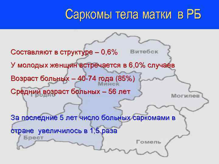 Саркомы тела матки в РБ Составляют в структуре – 0, 6% У молодых женщин