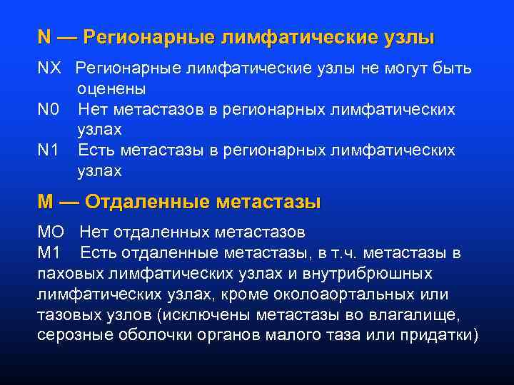N — Регионарные лимфатические узлы NX Регионарные лимфатические узлы не могут быть оценены N