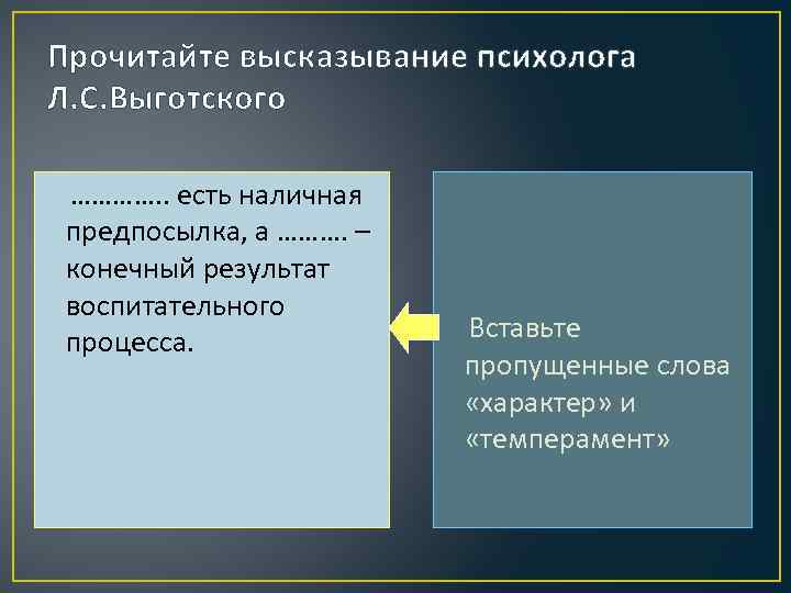 Прочитайте высказывание психолога Л. С. Выготского …………. . есть наличная предпосылка, а ………. –