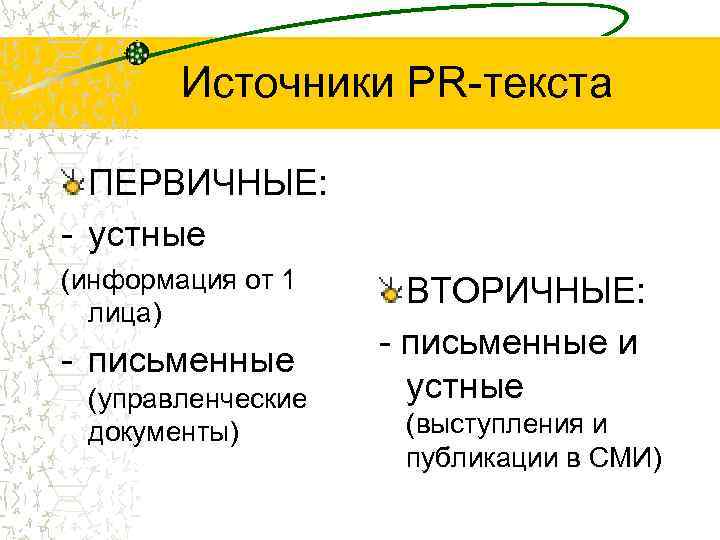 Источники PR-текста ПЕРВИЧНЫЕ: - устные (информация от 1 лица) - письменные (управленческие документы) ВТОРИЧНЫЕ: