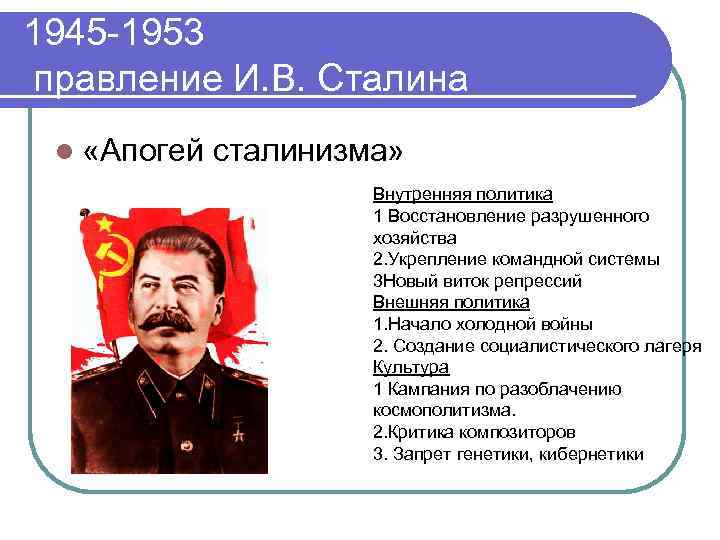 1945 -1953 правление И. В. Сталина l «Апогей сталинизма» Внутренняя политика 1 Восстановление разрушенного