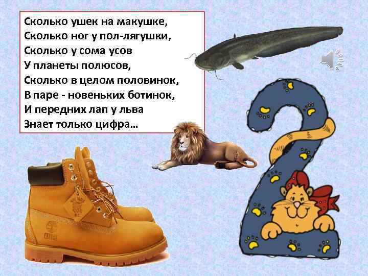 Сколько ушек на макушке, Сколько ног у пол-лягушки, Сколько у сома усов У планеты