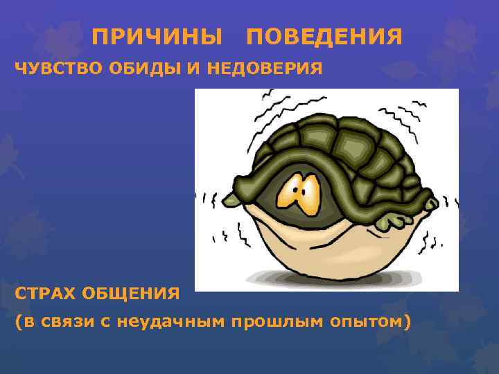 ПРИЧИНЫ ПОВЕДЕНИЯ ЧУВСТВО ОБИДЫ И НЕДОВЕРИЯ СТРАХ ОБЩЕНИЯ (в связи с неудачным прошлым опытом)