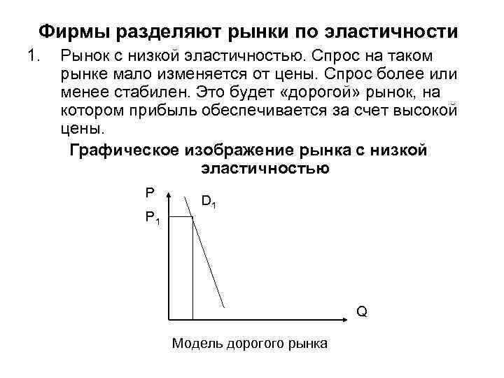 Фирмы разделяют рынки по эластичности 1. Рынок с низкой эластичностью. Спрос на таком рынке