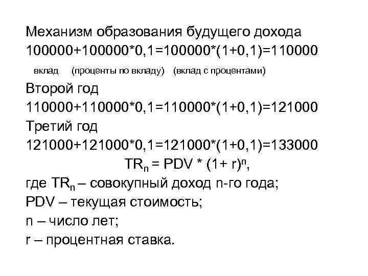 Механизм образования будущего дохода 100000+100000*0, 1=100000*(1+0, 1)=110000 вклад (проценты по вкладу) (вклад с процентами)