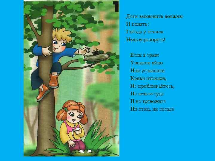 Дети запомнить должны И понять: Гнёзда у птичек Нельзя разорять! Если в траве Увидали