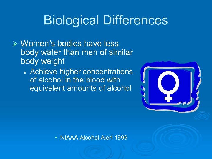 Biological Differences Ø Women’s bodies have less body water than men of similar body