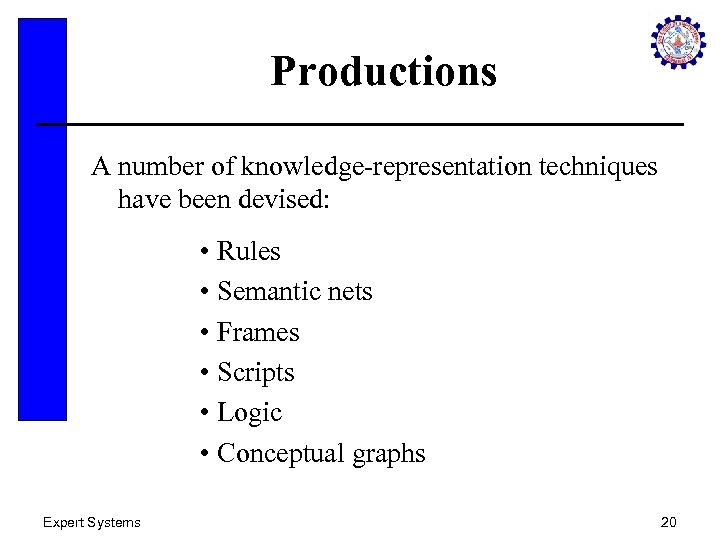 Productions A number of knowledge-representation techniques have been devised: • Rules • Semantic nets