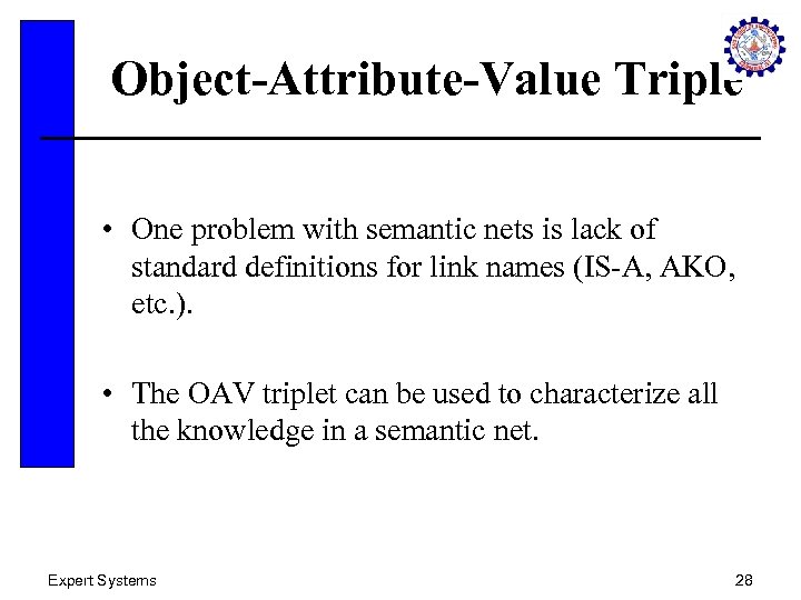 Object-Attribute-Value Triple • One problem with semantic nets is lack of standard definitions for