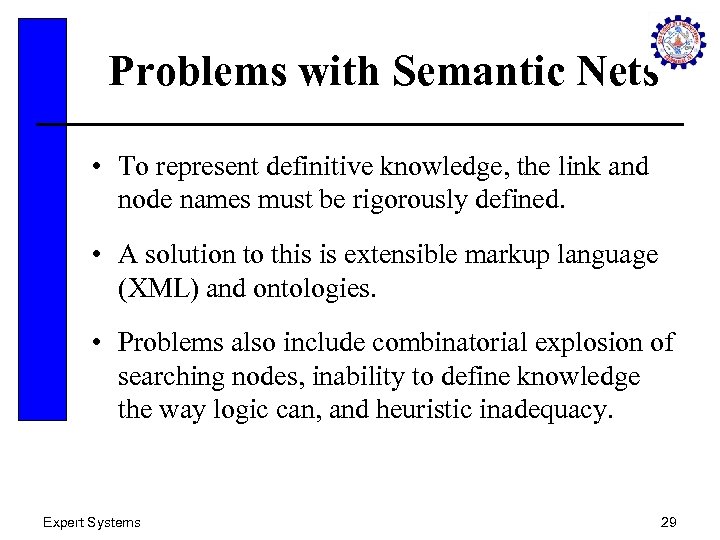Problems with Semantic Nets • To represent definitive knowledge, the link and node names