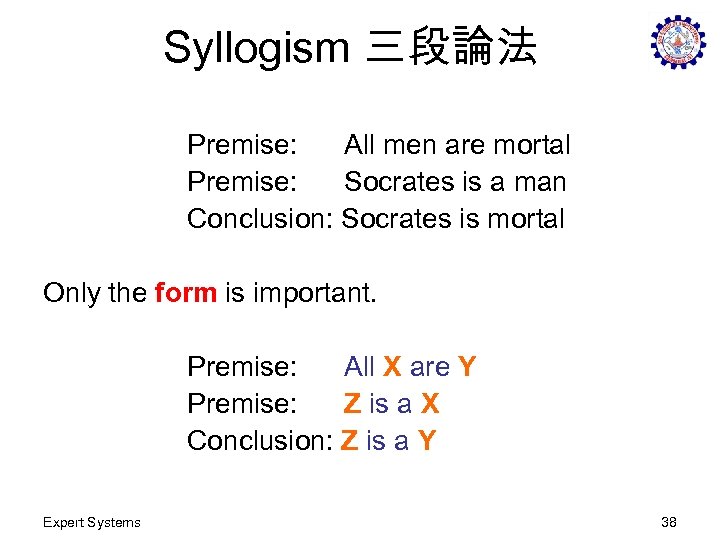 Syllogism 三段論法 Premise: All men are mortal Premise: Socrates is a man Conclusion: Socrates