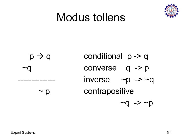 Modus tollens p q ~q -------~p Expert Systems conditional p -> q converse q