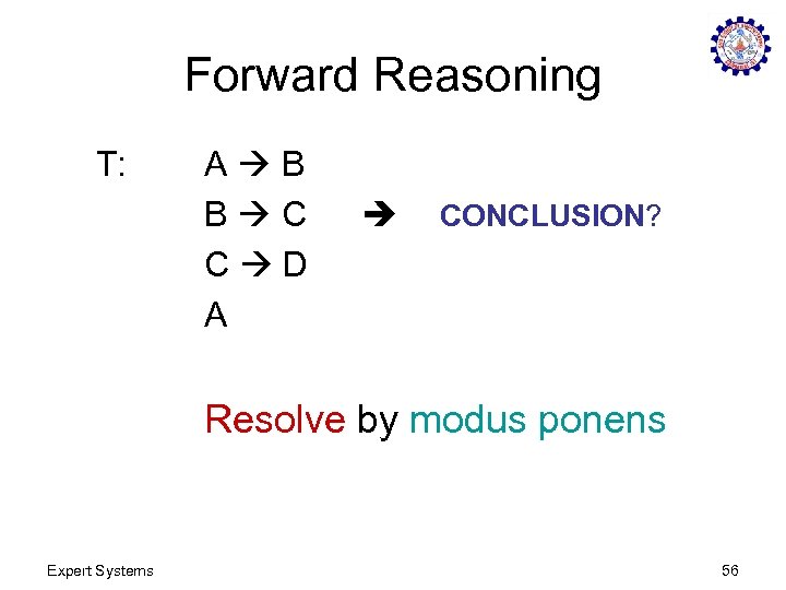 Forward Reasoning T: A B B C C D A CONCLUSION? Resolve by modus