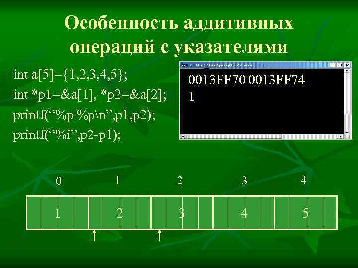 Особенность аддитивных операций с указателями int a[5]={1, 2, 3, 4, 5}; int *p 1=&a[1],