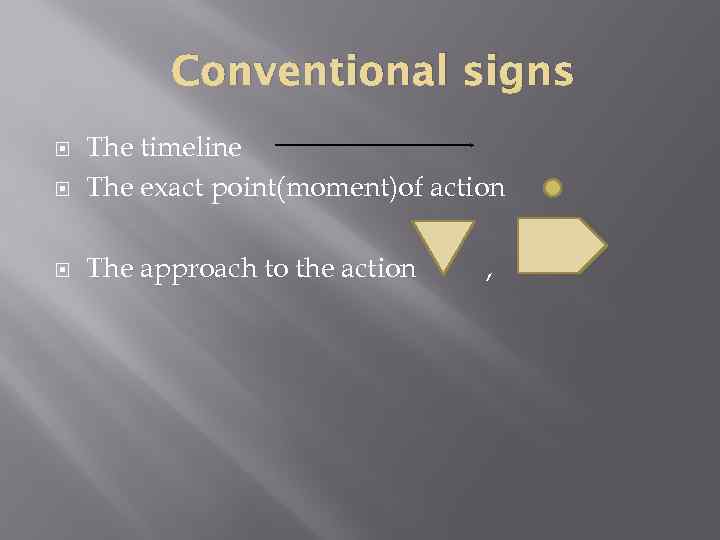 Conventional signs The timeline The exact point(moment)of action The approach to the action ,