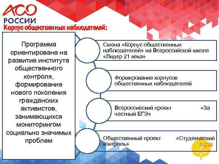 Корпус общественных наблюдателей: Программа ориентирована на развитие института общественного контроля, формирование нового поколения гражданских