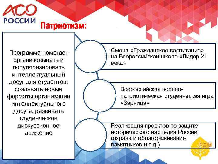 Патриотизм: Программа помогает организовывать и популяризировать интеллектуальный досуг для студентов, создавать новые форматы организации
