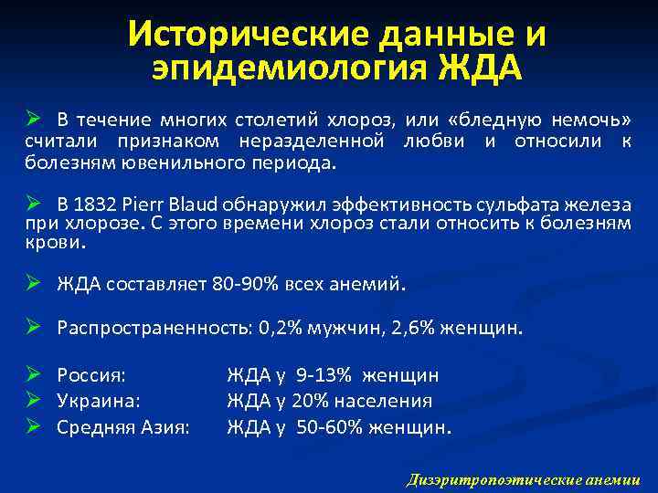 Исторические данные и эпидемиология ЖДА Ø В течение многих столетий хлороз, или «бледную немочь»