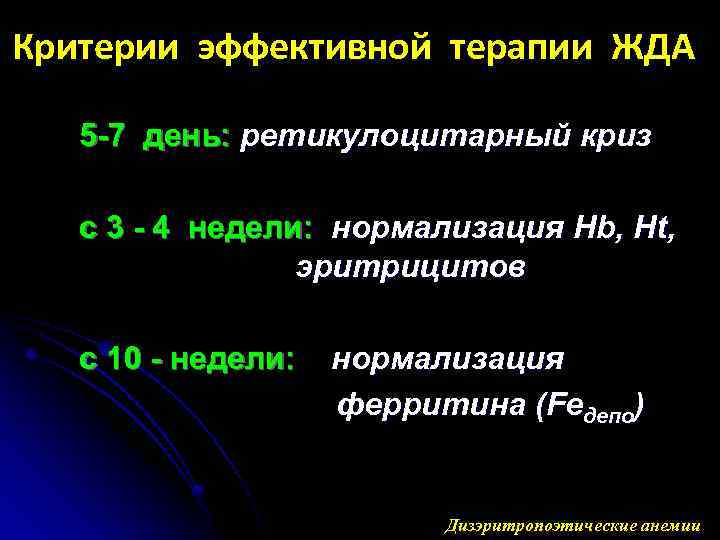 Критерии эффективной терапии ЖДА 5 -7 день: ретикулоцитарный криз с 3 - 4 недели: