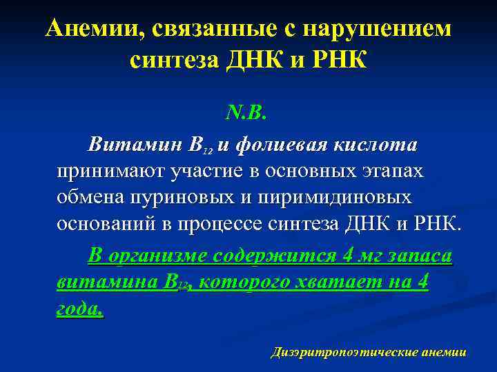 Анемии, связанные с нарушением синтеза ДНК и РНК N. B. Витамин В 12 и