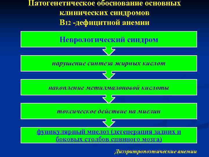 Патогенетическое обоснование основных клинических синдромов В 12 -дефицитной анемии Неврологический синдром нарушение синтеза жирных
