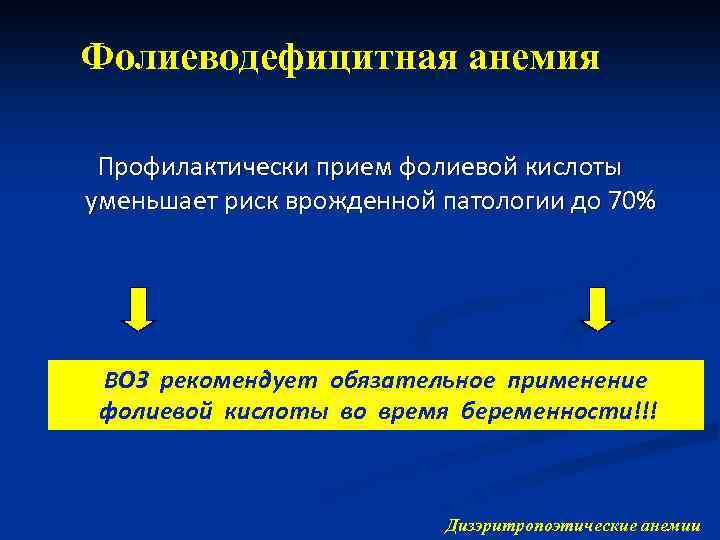 Фолиеводефицитная анемия Профилактически прием фолиевой кислоты уменьшает риск врожденной патологии до 70% ВОЗ рекомендует