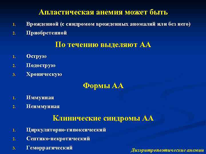 Апластическая анемия может быть 1. Врожденной (с синдромом врожденных аномалий или без него) 2.