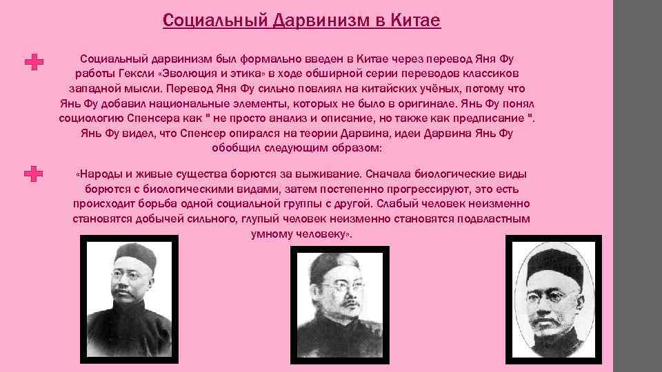 Социальный Дарвинизм в Китае Социальный дарвинизм был формально введен в Китае через перевод Яня
