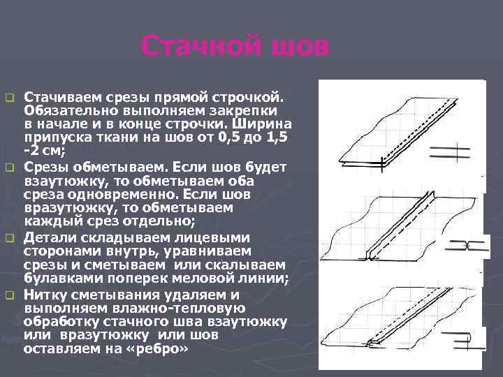 Стачной шов Стачиваем срезы прямой строчкой. Обязательно выполняем закрепки в начале и в конце