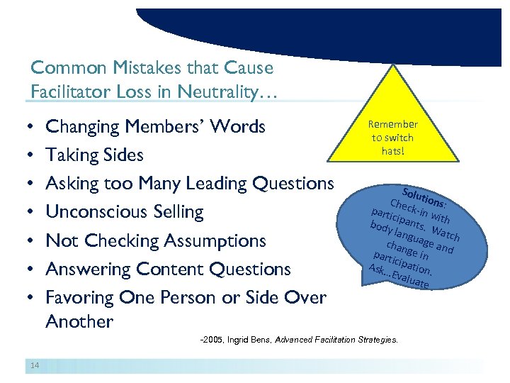 Common Mistakes that Cause Facilitator Loss in Neutrality… • • Changing Members’ Words Taking