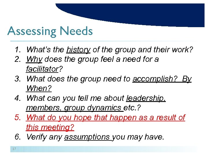 Assessing Needs 1. What’s the history of the group and their work? 2. Why