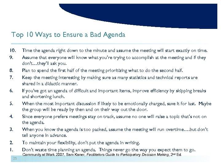 Top 10 Ways to Ensure a Bad Agenda 10. 9. 8. 7. 6. 5.