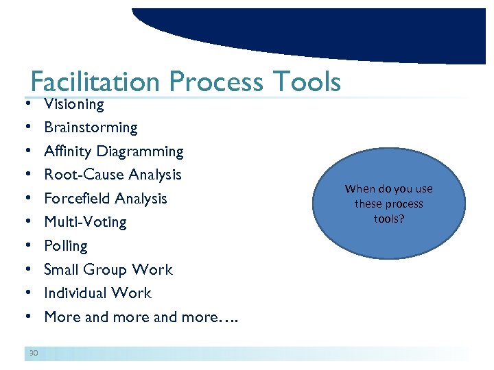 Facilitation Process Tools • • • 30 Visioning Brainstorming Affinity Diagramming Root-Cause Analysis Forcefield