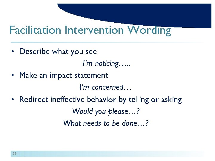 Facilitation Intervention Wording • Describe what you see I’m noticing…. . • Make an