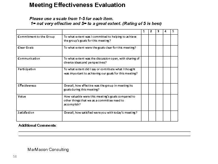 Meeting Effectiveness Evaluation Please use a scale from 1 -5 for each item. 1=