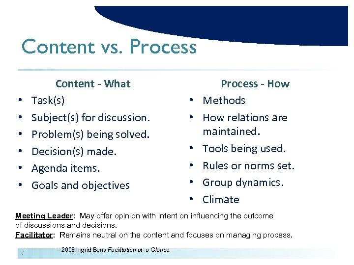 Content vs. Process • • • Content - What Task(s) Subject(s) for discussion. Problem(s)