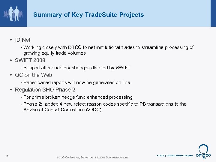 Summary of Key Trade. Suite Projects • ID Net - Working closely with DTCC