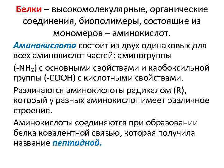 Белки – высокомолекулярные, органические соединения, биополимеры, состоящие из мономеров – аминокислот. Аминокислота состоит из