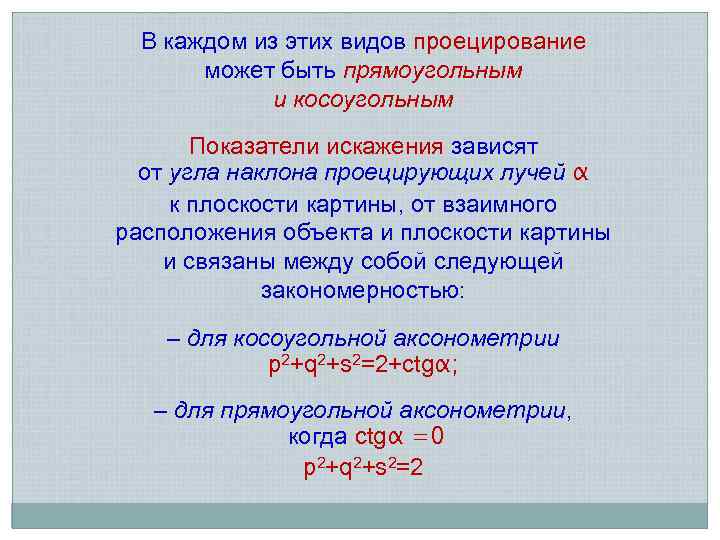 В каждом из этих видов проецирование может быть прямоугольным и косоугольным Показатели искажения зависят