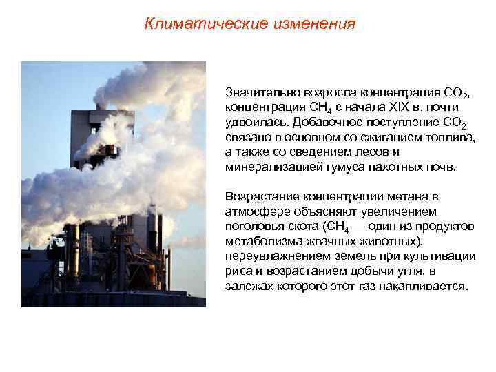 Климатические изменения Значительно возросла концентрация СО 2, концентрация СН 4 с начала XIX в.