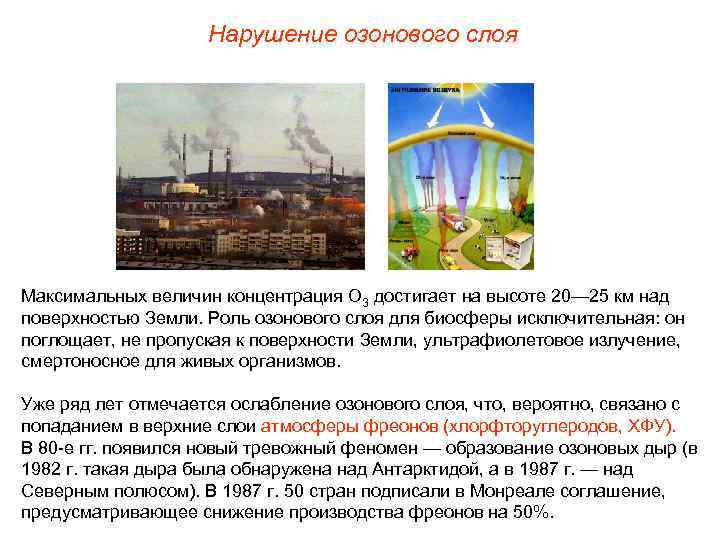 Нарушение озонового слоя Максимальных величин концентрация О 3 достигает на высоте 20— 25 км