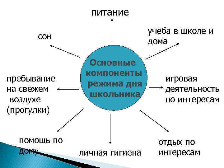 питание учеба в школе и дома сон пребывание на свежем воздухе (прогулки) помощь по