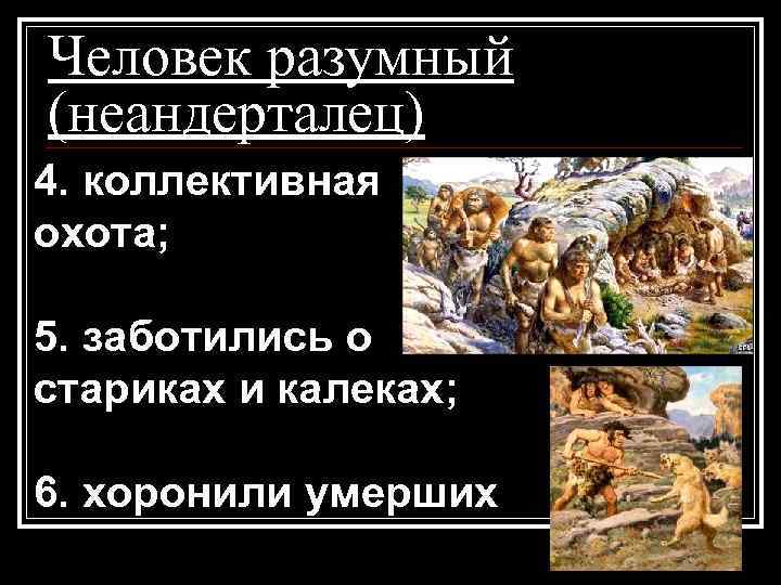 Человек разумный (неандерталец) 4. коллективная охота; 5. заботились о стариках и калеках; 6. хоронили